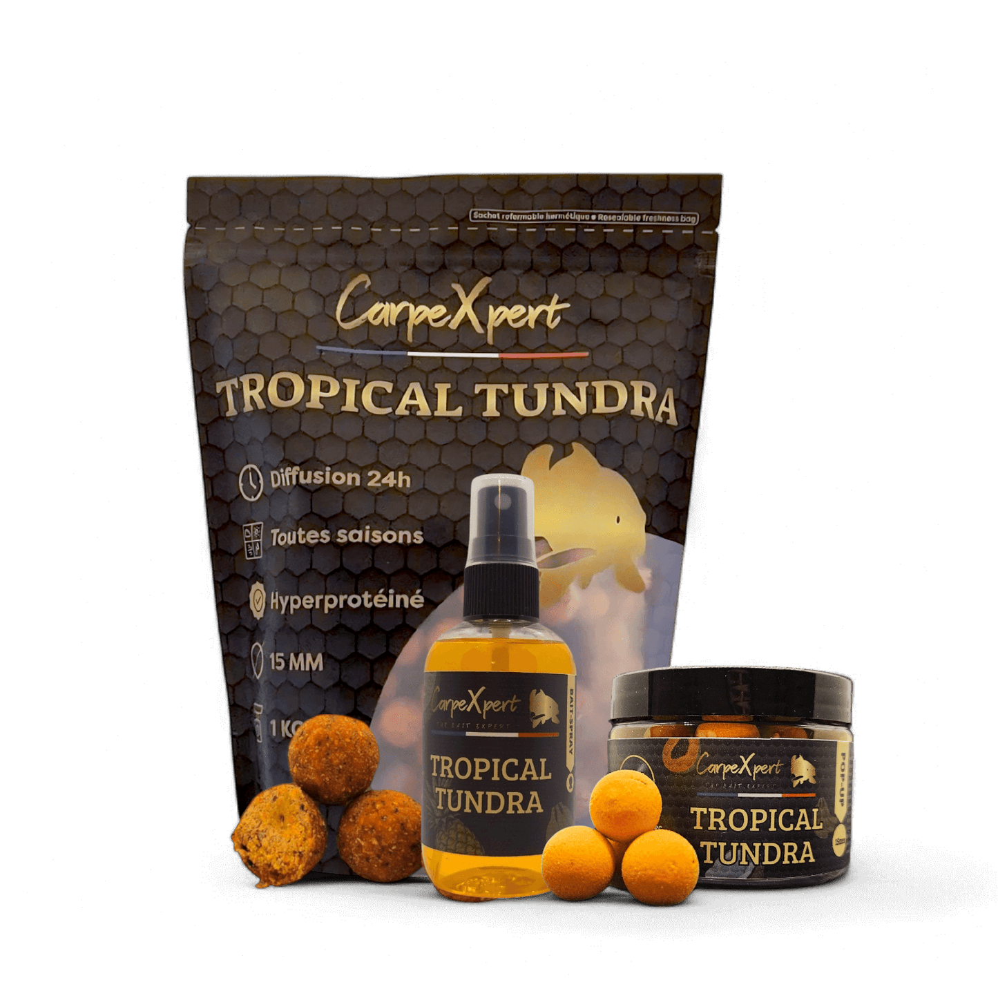 Pop Up Bait Spray Bouillettes Tropical Tundra de CarpeXpert, diffusion longue durĂ©e, ingrĂ©dients de haute qualitĂ© et adaptabilitĂ© saisonniĂšre pour la pĂȘche Ă la carpe.