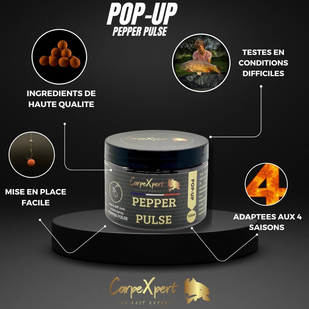 Pot de Pop-Up Pepper Pulse CarpeXpert avec ingrédients de haute qualité et adapté aux 4 saisons pour les carpistes.