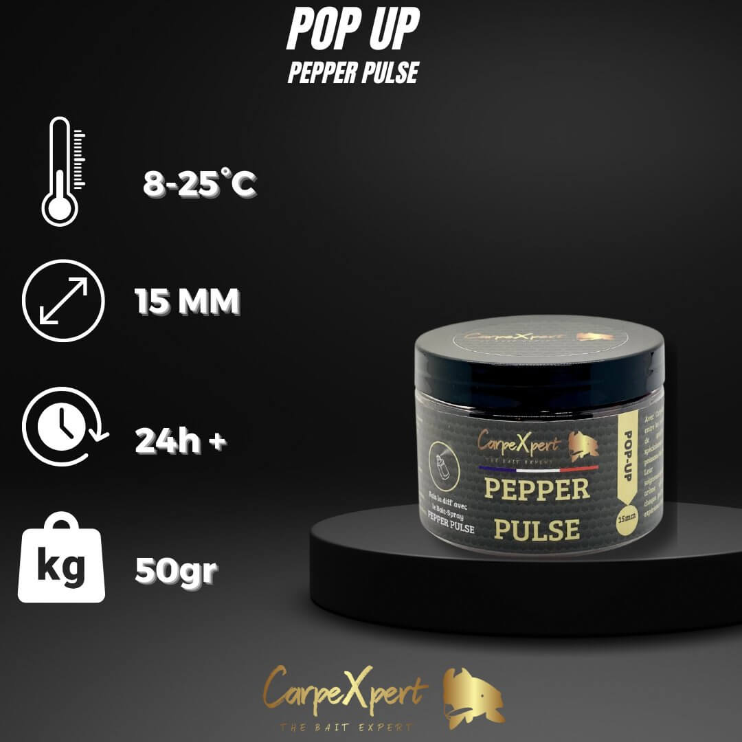 POP-UP PEPPER PULSE jar with specifications for carp fishing bait, including size and usage details.
