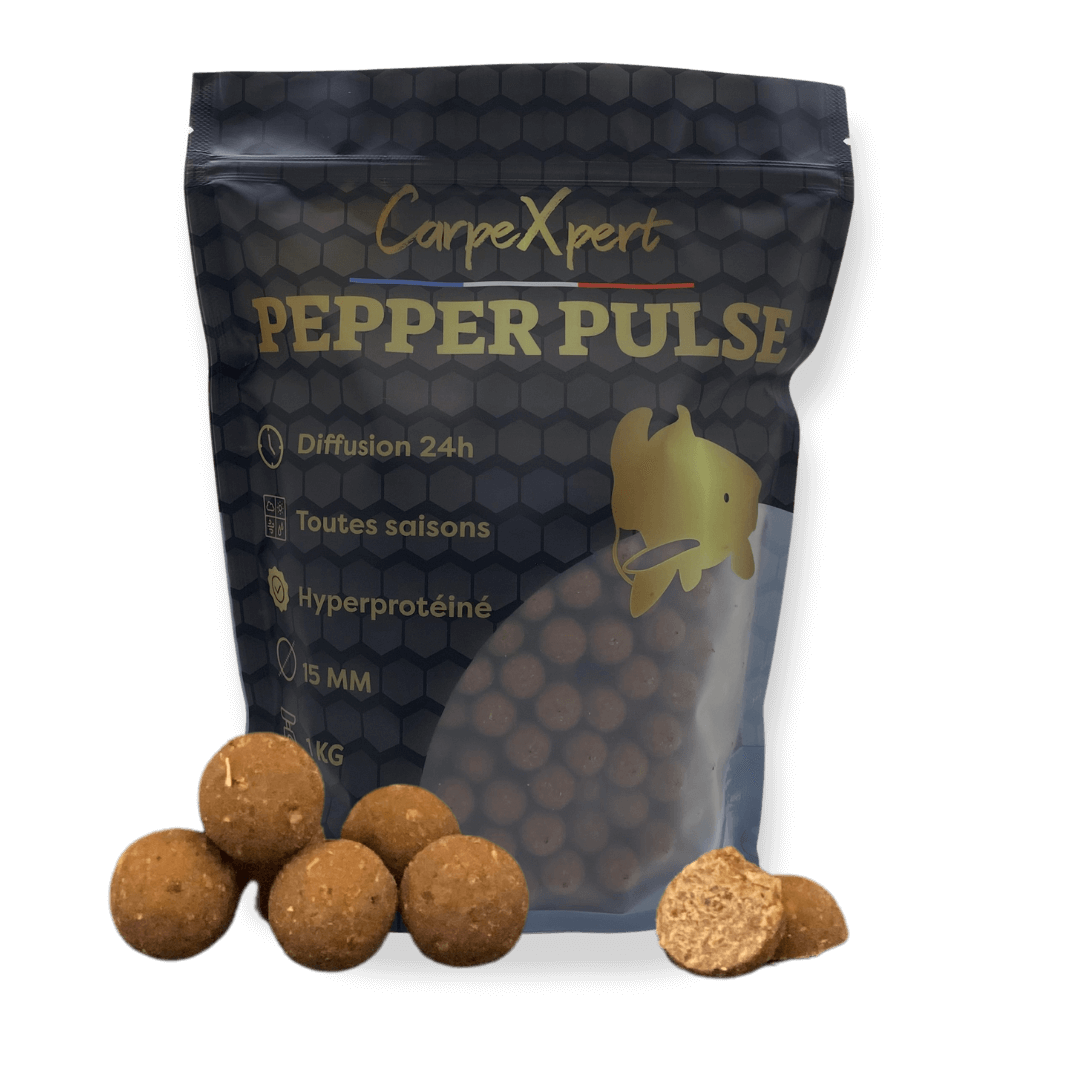 Bouillettes Pepper Pulse de CarpeXpert, idéales pour la pêche à la carpe, avec détails sur la température, la taille et le poids pour des résultats optimaux